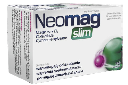 Box of Neomag Slim dietary supplement containing 50 tablets, designed to support weight loss and reduce appetite.