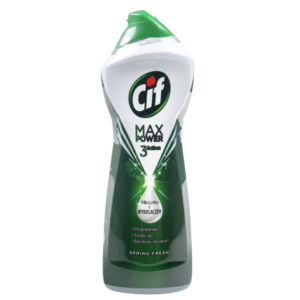 A bottle of Cif Max Power 3 Action Cleaner with a green cap and label, featuring a bleach formula for deep cleaning, labeled "Spring Fresh."