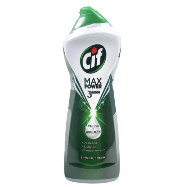 A bottle of Cif Max Power 3 Action Cleaner with a green cap and label, featuring a bleach formula for deep cleaning, labeled "Spring Fresh."