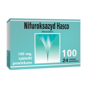 Box of Nifuroksazyd Hasco 100 mg coated tablets, containing 24 tablets for treating bacterial diarrhea.