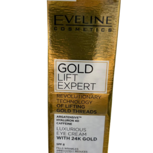 Golden packaging of Eveline Gold Lift Expert Luxurious Eye Cream with 24K Gold, SPF 8, designed to reduce wrinkles, dark circles, and puffiness