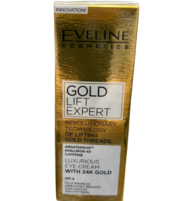 Golden packaging of Eveline Gold Lift Expert Luxurious Eye Cream with 24K Gold, SPF 8, designed to reduce wrinkles, dark circles, and puffiness