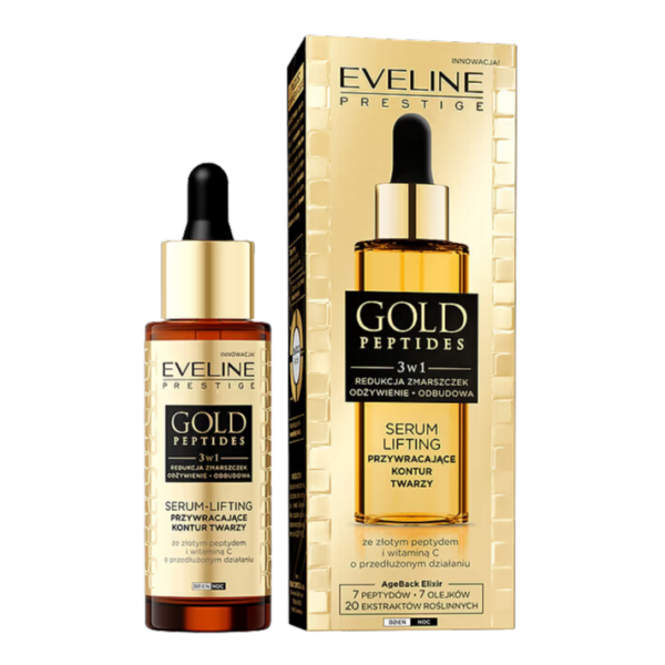 Eveline Gold Peptides 3-in-1 Lifting Face Serum with packaging, featuring a 30ml bottle of anti-wrinkle serum with gold peptides and vitamin C