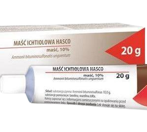 A 20g tube of Hasco Ichthammol Ointment (10%) with its packaging, used for treating skin infections, boils, and abscesses.