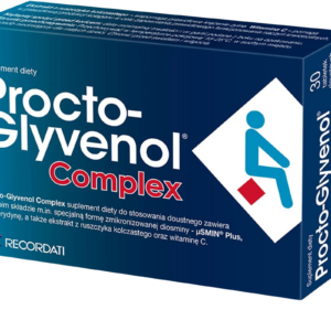 A box of Procto-Glyvenol Complex dietary supplement containing 30 tablets, featuring a blue and white design with a symbol of a seated person and the logo of the manufacturer, Recordati.