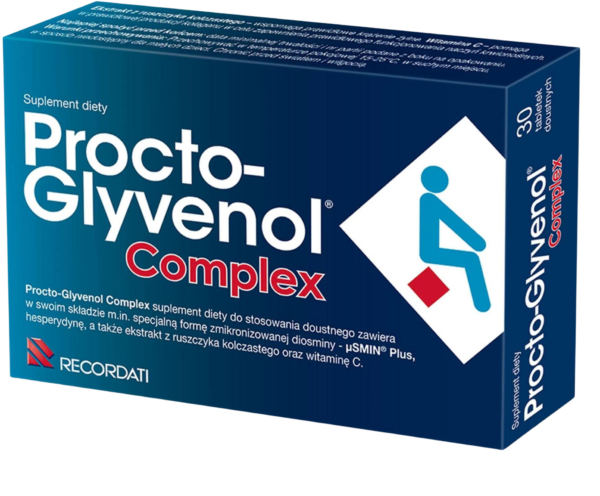 A box of Procto-Glyvenol Complex dietary supplement containing 30 tablets, featuring a blue and white design with a symbol of a seated person and the logo of the manufacturer, Recordati.