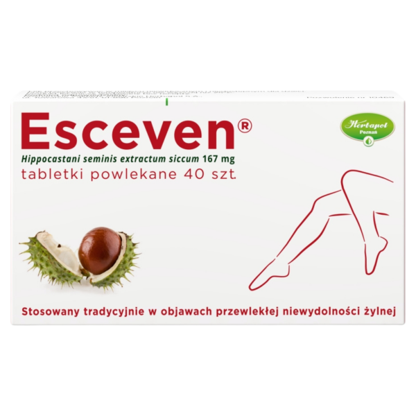 Box of Esceven tablets, featuring horse chestnut extract, used for chronic venous insufficiency relief, 40 coated tablets.