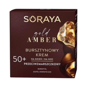 Packaging of Soraya Gold Amber 50+ Anti-Wrinkle Cream for Day and Night use, featuring amber and gold design elements, with text highlighting its anti-aging properties and key ingredients such as amber, gold, and Coenzyme Q10