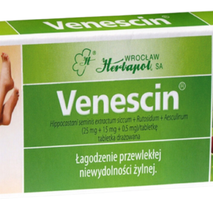 Box of Venescin 30 coated tablets for relieving symptoms of chronic venous insufficiency.