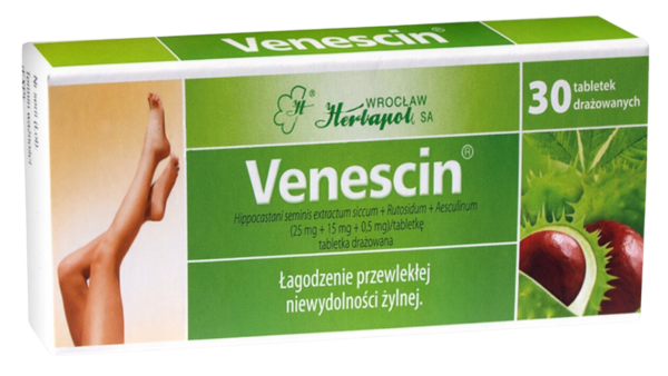 Box of Venescin 30 coated tablets for relieving symptoms of chronic venous insufficiency.