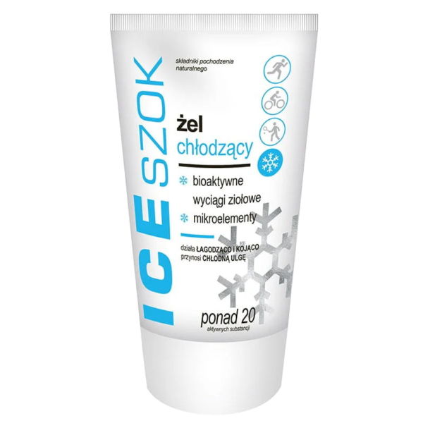 A tube of Ice Szok Cooling Gel with a snowflake design, highlighting its natural ingredients and cooling properties for muscle relief and recovery.