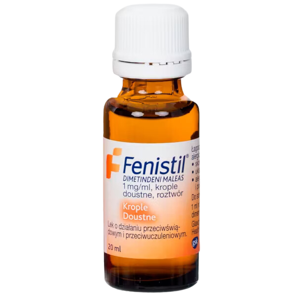 Bottle of Fenistil Oral Drops, 1 mg/ml, 20 ml, featuring amber glass and white cap