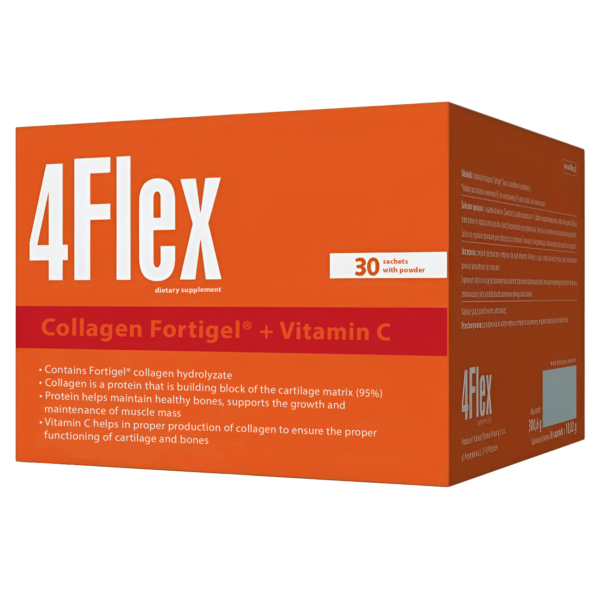 Box of 4Flex Collagen Fortigel® + Vitamin C dietary supplement containing 30 sachets of powder.