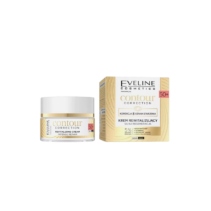 Eveline Cosmetics Contour Correction Revitalizing Cream 50+ - Day and Night Anti-Aging Cream in a 50ml jar, displayed with its gold and white packaging.