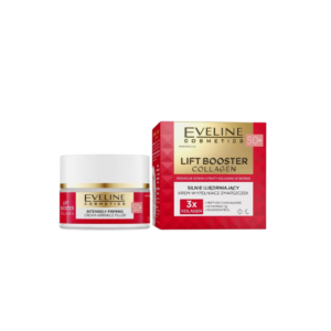 Eveline Cosmetics Lift Booster Collagen 50+ - Intensely Firming Cream-Wrinkle Filler in a 50ml jar with red and gold packaging.