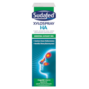 Box of Sudafed Xylospray HA Nasal Spray, highlighting its ability to unblock nasal passages and moisturize the nasal mucosa.