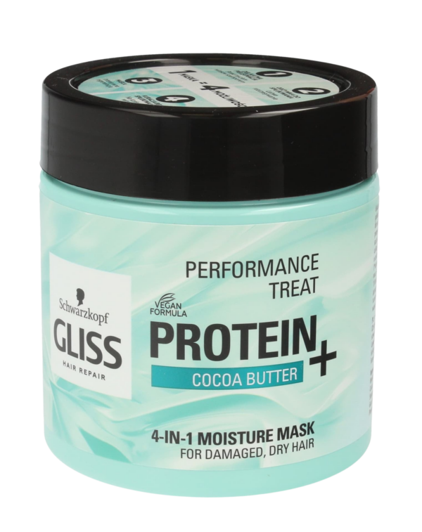 A jar of Schwarzkopf Gliss Hair Repair Protein+ Cocoa Butter 4-in-1 Moisture Mask with a mint-green label and black lid, designed for damaged and dry hair, featuring a vegan formula that nourishes and repairs.