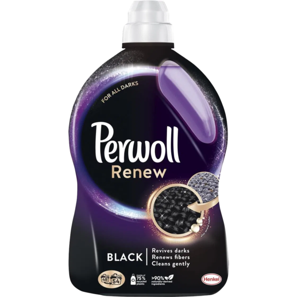 A bottle of Perwoll Renew Black Liquid Detergent for dark clothes, emphasizing fiber renewal and color protection.