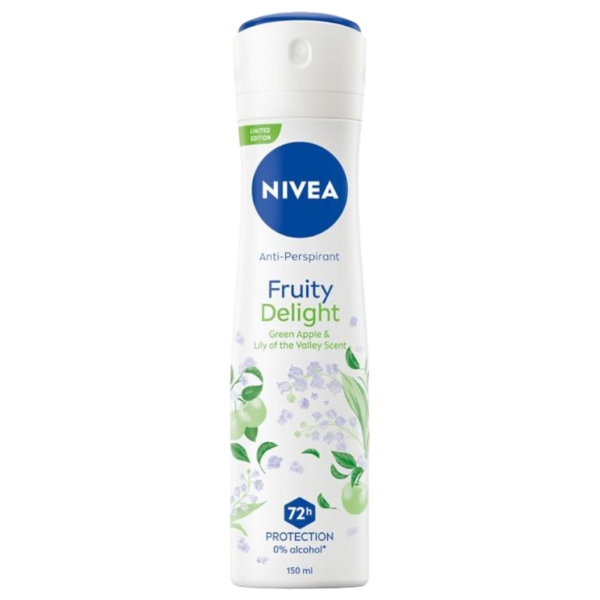 A bottle of Nivea Fruity Delight Anti-Perspirant with green apple and lily of the valley scent, offering 72-hour protection, 150ml.