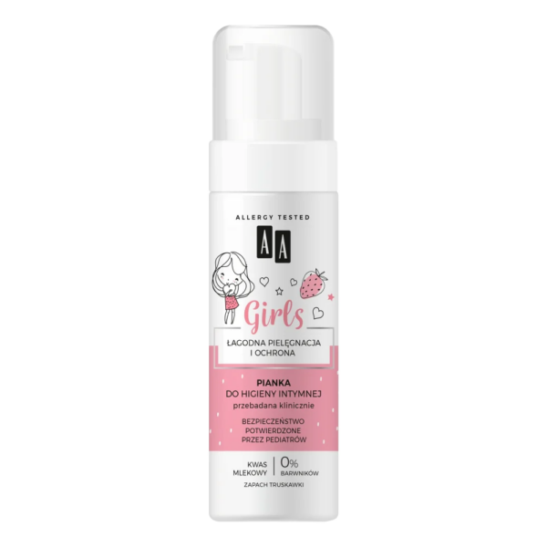 AA Girls Intimate Hygiene Foam for girls, 150ml bottle with a strawberry scent and a gentle formula, clinically tested and free from dyes.