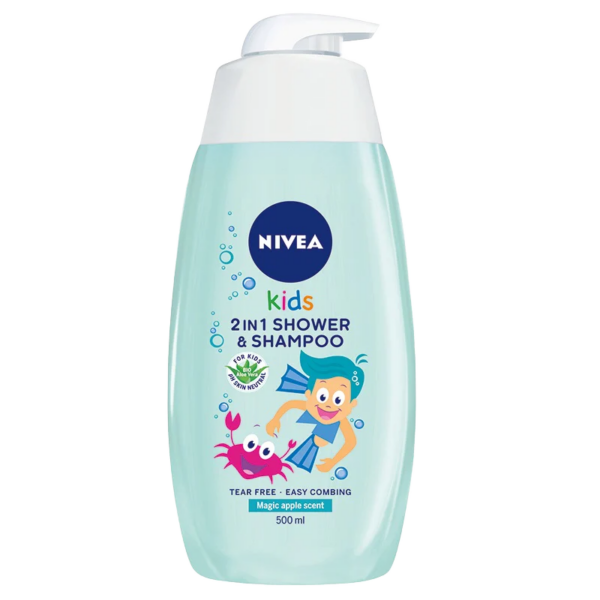 Nivea Kids 2-in-1 Shower & Shampoo bottle with magic apple scent, 500ml, featuring tear-free formula and easy-combing solution.