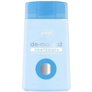 A blue bottle of Ziaja Moisturizing Eye Makeup Remover, designed for gentle removal of eye makeup and hydration of sensitive skin.