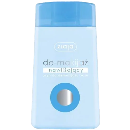 A blue bottle of Ziaja Moisturizing Eye Makeup Remover, designed for gentle removal of eye makeup and hydration of sensitive skin.