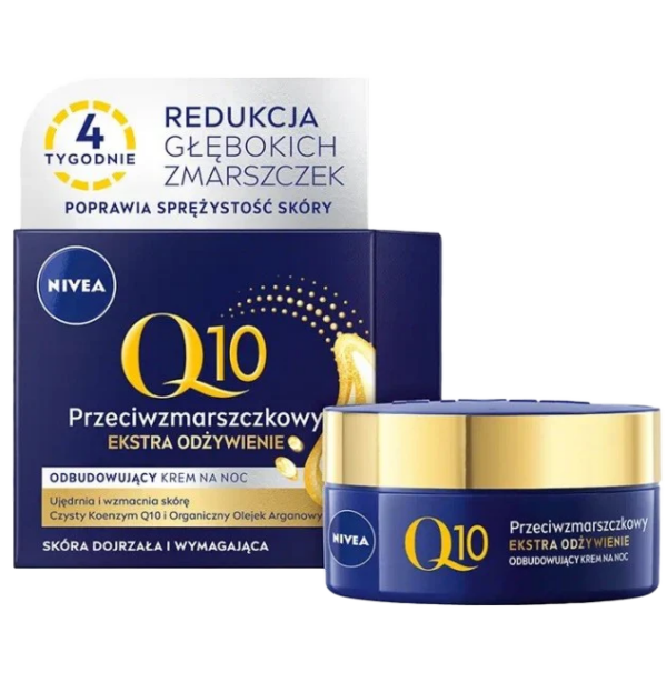 Nivea Q10 Anti-Wrinkle Night Cream Extra Nourishing packaging, featuring a blue jar with a gold lid and a box highlighting its benefits, such as reducing deep wrinkles and improving skin firmness.