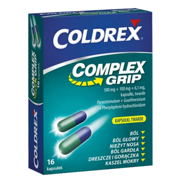 Coldrex Complex Grip 16-capsule pack for cold and flu relief, featuring active ingredients paracetamol, guaifenesin, and phenylephrine hydrochloride.