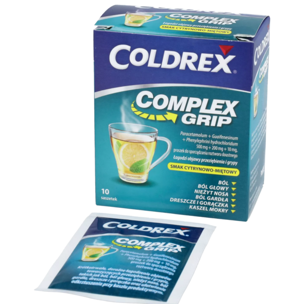 Coldrex Complex Grip Lemon-Mint 10-sachet pack for cold and flu relief with a refreshing lemon-mint flavor, featuring paracetamol, guaifenesin, and phenylephrine hydrochloride.