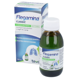 Flegamina Classic Mint Flavored Sugar-Free Cough Syrup, 120 ml bottle with packaging, containing bromhexine hydrochloride for respiratory relief.