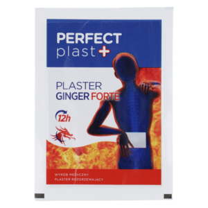 Packaging of the Perfect Plast+ Ginger Forte Heating Patch, displaying product branding with a visual of a figure experiencing back pain.