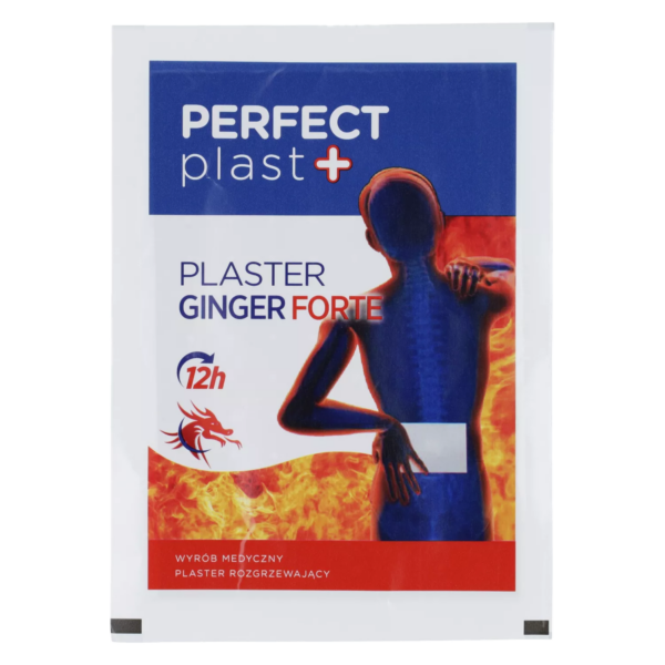 Packaging of the Perfect Plast+ Ginger Forte Heating Patch, displaying product branding with a visual of a figure experiencing back pain.