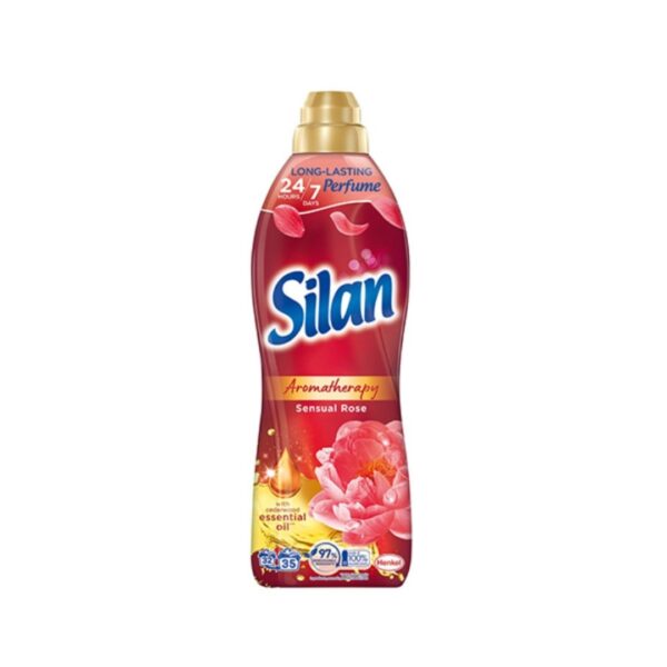 A bottle of Silan Aromatherapy Sensual Rose fabric softener with a rose fragrance, featuring 24/7 long-lasting perfume and enriched with essential oils.