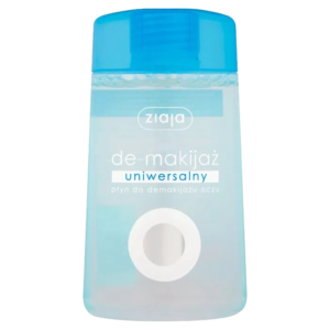 A bottle of Ziaja Universal Eye Makeup Remover with a blue cap, featuring text in Polish indicating its use for eye makeup removal.