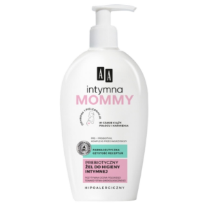 Bottle of AA Intimate Mommy Prebiotic Intimate Hygiene Gel with pump, designed for pregnancy and breastfeeding care.