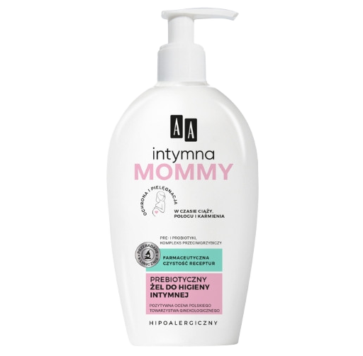 Bottle of AA Intimate Mommy Prebiotic Intimate Hygiene Gel with pump, designed for pregnancy and breastfeeding care.