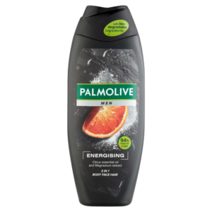 Palmolive Men Energising 3-in-1 Body, Face & Hair Wash bottle with citrus essential oil and magnesium extract, 94% natural origin, biodegradable ingredients.