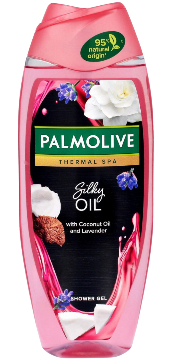 Palmolive Thermal Spa Silky Oil Shower Gel bottle with coconut oil and lavender, featuring a pink design and 95% natural origin label.