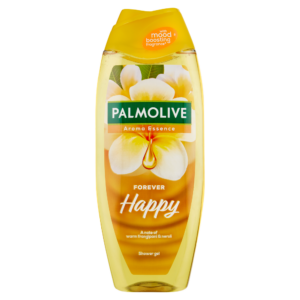 Palmolive Aroma Essence Forever Happy Shower Gel bottle with warm frangipani and neroli scent, in a yellow container featuring a mood-boosting fragrance label.