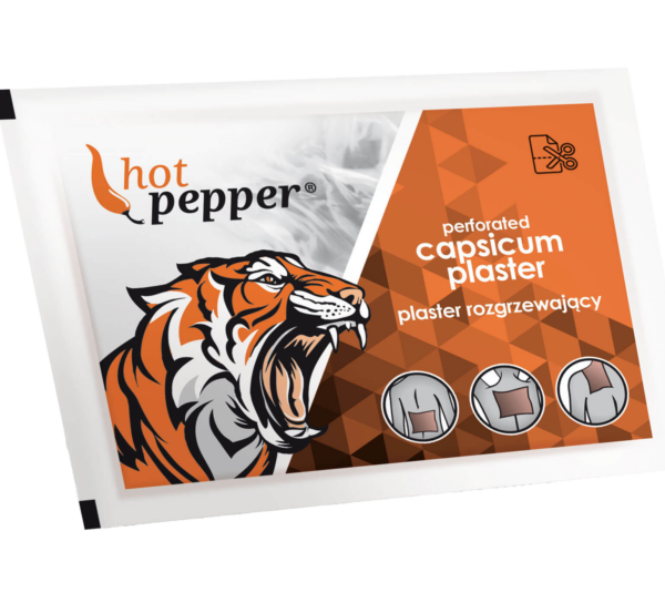 Hot Pepper Perforated Capsicum Plaster packaging featuring a roaring tiger and three icons showing application areas on the back, shoulder, and chest.