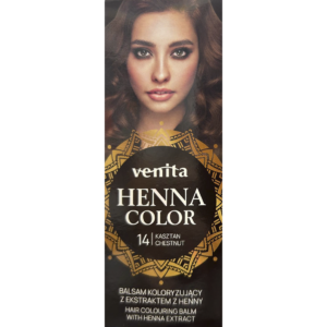 Box of Venita Henna Color Hair Colouring Balm in Chestnut with a woman's face and intricate gold patterns.