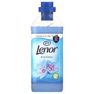 A bottle of Lenor Fabric Softener in the "Spring Awakening" scent, featuring blue flowers on the label and designed for long-lasting freshness up to 7 days.