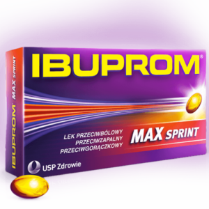 Box of Ibuprom Max Sprint, fast-acting ibuprofen capsules for pain relief, with a yellow liquid capsule next to it.