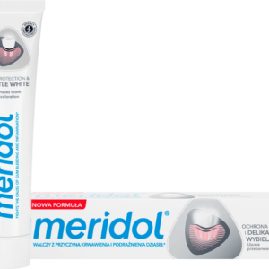 Meridol Gum Protection & Gentle White Toothpaste - tube and box with focus on gum protection and whitening properties.