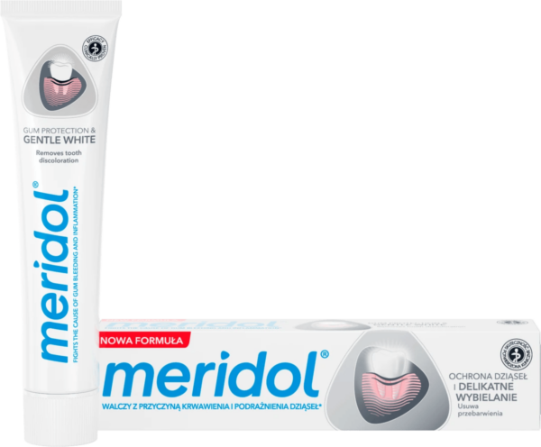 Meridol Gum Protection & Gentle White Toothpaste - tube and box with focus on gum protection and whitening properties.