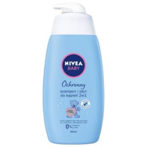 A 500ml bottle of NIVEA Baby 2-in-1 Protective Shampoo & Bath Gel with a blue label and pump dispenser, designed for gentle cleansing of babies' hair and skin.