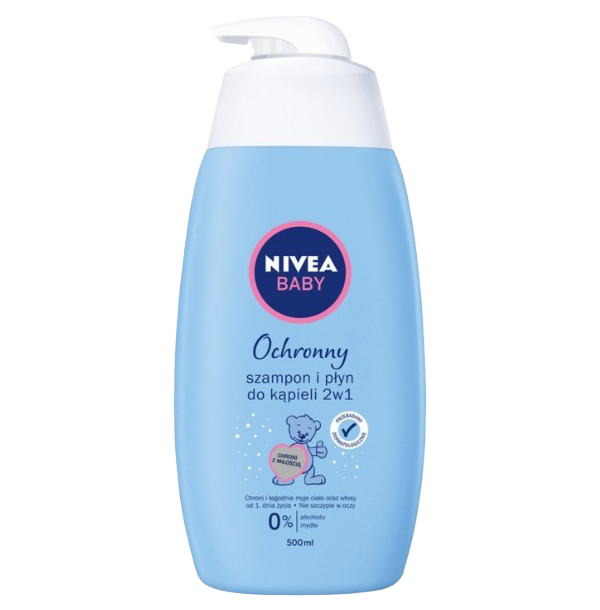 A 500ml bottle of NIVEA Baby 2-in-1 Protective Shampoo & Bath Gel with a blue label and pump dispenser, designed for gentle cleansing of babies' hair and skin.