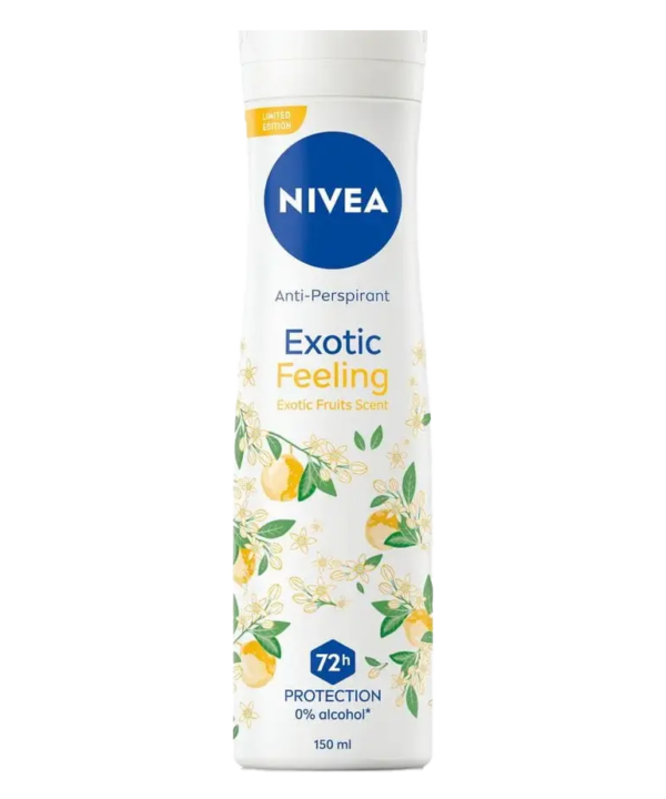 NIVEA Exotic Feeling Anti-Perspirant spray with a floral design, 150ml size, featuring 72-hour protection and an exotic fruit scent.