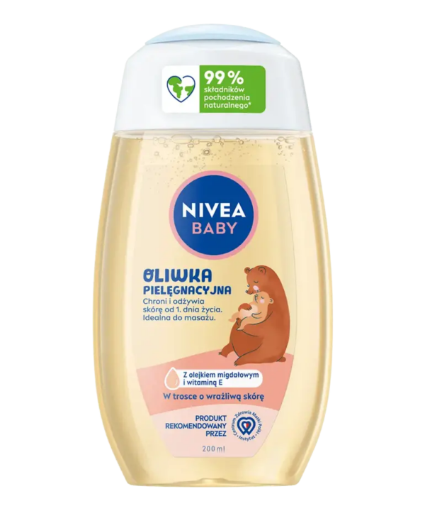 NIVEA Baby Care Oil bottle with 99% natural ingredients label, featuring a mother bear holding her baby, with almond oil and Vitamin E for sensitive skin care.